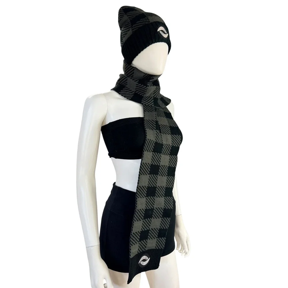 Buffalo Plaid Beanie Scarf Set Grunge Streetwear Cozy Winter Unisex Gray Black